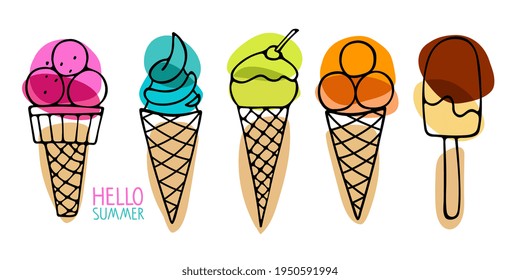 Hello summer. Collection of Ice Cream. Different ice screm types. Hand drawn sketch. Delicious frozen dessert. Bright summertime sweet food. Vector doodle for cafe menu, advertizing.