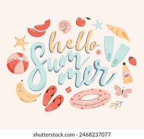 Hello Summer collection with lettering and cute beach elements flippers, flip flops, swim ring, beach ball, fruits, flowers, shells, watermelon. Hand drawn flat cartoon elements. 