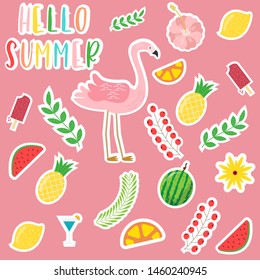 Hello summer collection stickers.Summer cute icons.Vector illustration.