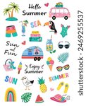 Hello Summer collection. Vector illustration of colorful funny cute doodle summer symbols, such as flamingo, ice cream, palm tree, flowers, cactus. isolated on white background