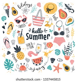 Hello Summer collection. Vector illustration of funny cartoon summer icons, such as fruits, exotic animals and plants, swimwear and food in doodle style. Isolated on white.