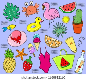 Hello Summer collection. Vector illustration of colorful funny doodle summer symbols, such as flamingo, ice cream, pineapple and watermelon.