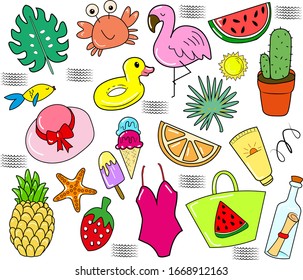 Hello Summer collection. Vector illustration of colorful funny doodle summer symbols, such as flamingo, ice cream, pineapple and watermelon.