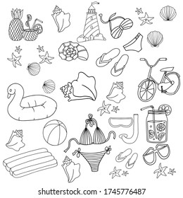 Hola colección de verano. Ilustración vectorial de coloridos y divertidos símbolos de verano del doodle, como flamingo, helado, piña y sandía.