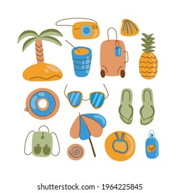 Hello Summer collection. Vector illustration of colorful funny doodle summer symbols, such as flamingo, ice cream, palm tree, sunglasses, cactus, surfboard, pineapple and watermelon.