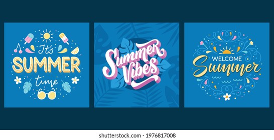 Hello Summer collection. Vector illustration of colorful funny doodle summer symbols, such as flamingo, ice cream, palm tree, sunglasses, cactus, surfboard, pineapple and watermelon.