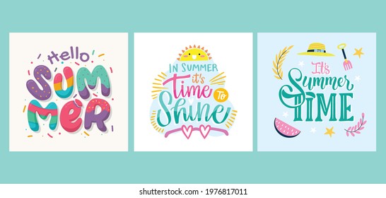 Hello Summer collection. Vector illustration of colorful funny doodle summer symbols, such as flamingo, ice cream, palm tree, sunglasses, cactus, surfboard, pineapple and watermelon.