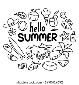 Hello Summer collection. Vector illustration funny doodle summer.