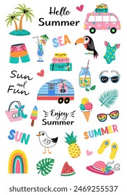 Hello Summer collection. Vector illustration of colorful funny cute doodle summer symbols, such as flamingo, ice cream, palm tree, flowers, cactus. isolated on white background