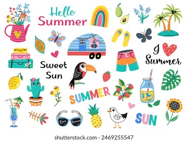 Hello Summer collection. Vector illustration of colorful funny doodle summer symbols, such as flamingo, ice cream, palm tree, flowers, cactus. isolated on white background