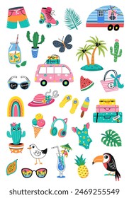Hello Summer collection. Vector illustration of colorful funny doodle summer symbols, such as flamingo, ice cream, palm tree, flowers, cactus, glasses. isolated on white background