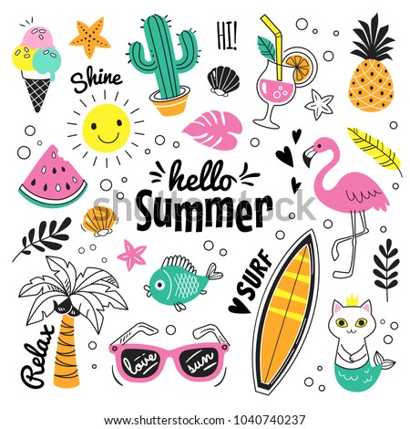 Hello Summer collection. Vector illustration of colorful funny doodle summer symbols, such as flamingo, ice cream, palm tree, sunglasses, cactus, surfboard, pineapple and watermelon. 
