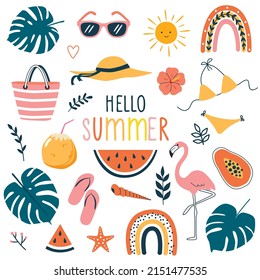 Hello Summer collection. Vector set of colorful funny doodle summer symbols, such as flamingo,sunglasses, tropical leaves, rainbow, coconut. 