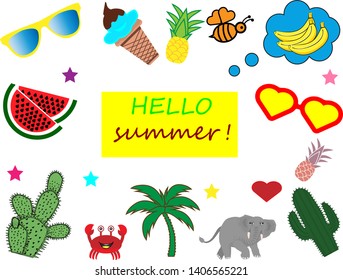 hello summer collection,vector illustration of funny summer symbols and icons, such as cactus,bananas,watermelon,elephant,crab,bee,palm tree,ice cream, pineapple,cactus,heart and sunglasses