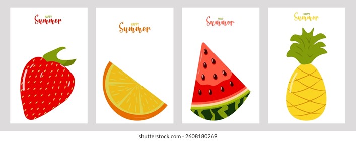 Hello summer color postcard design template layout. Strawberry orange watermelon pineapple. Vector illustration.