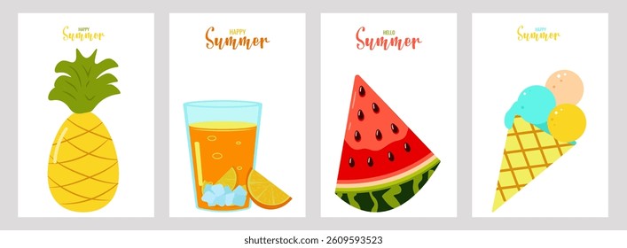 Hello summer color postcard design template layout. Pineapple watermelon orange juice ice cream. Vector illustration.