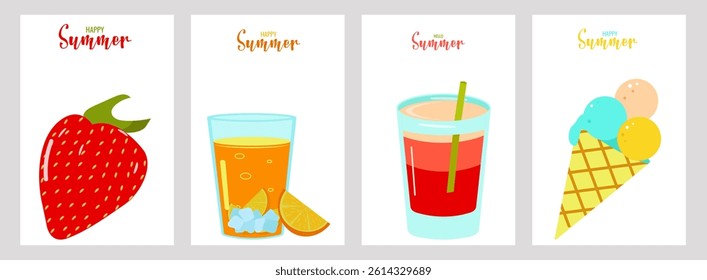 Hello summer color postcard design template layout. Strawberry cocktail orange juice ice cream. Vector illustration.