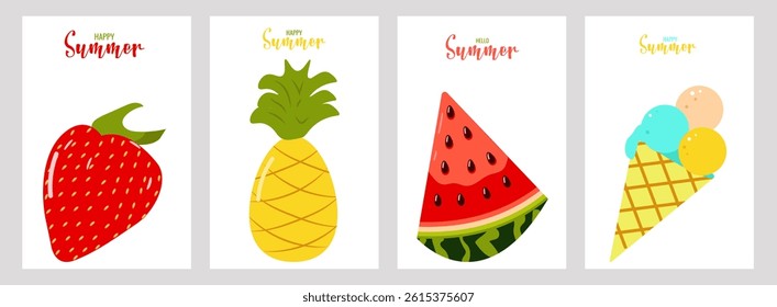 Hello summer color postcard design template layout. Strawberry watermelon pineapple ice cream. Vector illustration.
