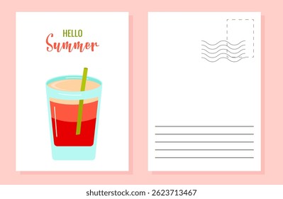 Hello summer color postcard design template layout. Cocktail with straw Vector illustration.