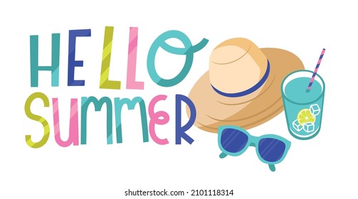 Hello summer - color rainbow lettering on white isolated background. Vector illustration for celebrating summer holidays, vacations, sea or pool parties. For printing on banners, menus, invitations.