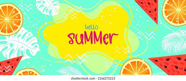 Hello summer. Colorful summer background, banner design. Horizontal poster, greeting card, website header in bright color. Stylized fruits on the background
