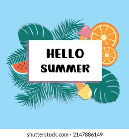 Hello Summer. Colorful summer background design banner with fruits. Poster, greeting card, website