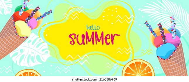 Hello summer. Colorful summer background with ice cream, banner design. Horizontal poster, greeting card, website header in bright color. Stylized elements on the background, feeling of heat, holiday