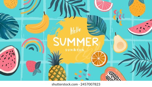 Hola verano. Fondo colorido con hojas tropicales y frutas. Anuncio de Plantilla, cartel, encabezado para el Sitio web. Elementos de diseño de verano dibujados a mano. Ilustración vectorial