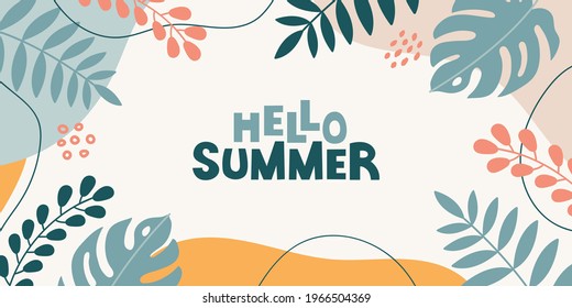 Hello summer colorful banner background with tropical leaves, flowers and lettering on white background. Modern summer design. Vector illustration	