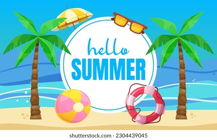 Hello Summer. Colorful banner template with beach, palm tree, sunglasses, ball. Vector illustration.