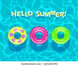 "Hello summer" - colorful banner. The texture of the water in the pool with colored inflatable circles. view from above. flat vector illustrations