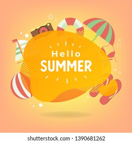 Hello Summer with colorful beach elements and circle for text.