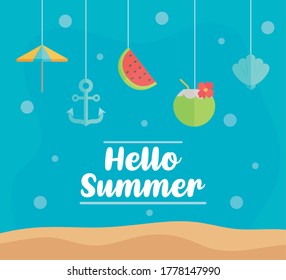 Hello Summer with colorful beach elements vector illustration design