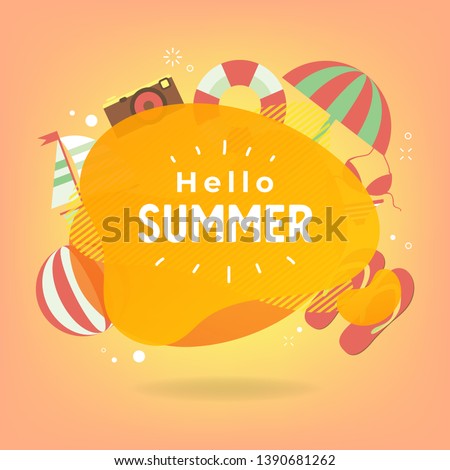 Hello Summer with colorful beach elements and circle for text.