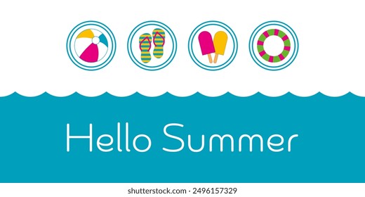 Hello Summer. Colorful card with flip-flops, beach ball, swimming ring and ice cream.