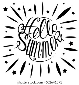 Hello summer colorful card.Lettering hello summer on white background. Vector illustration with isolated elements.
