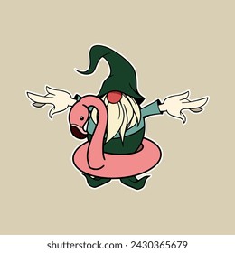 Hello Summer colorful Cute Gnomes On Banner Design. Cartoon Illustration. Gnome summer cartoon vector linear art for printing greeting cards. flamingo