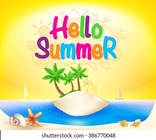 Hello Summer Colorful Design in Island Beach with Sea Shells and Boats in Yellow Background for Summer Season. Vector Illustration
