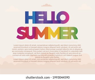 hello summer colorful gradient text. hello summer banner template. welcoming summer complete post template. colorful text with light pink background.