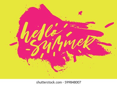 Hello Summer. Colorful Greeting Card. Hand painted brush lettering. Hand lettering and custom typography for your designs: t-shirts, bags, for posters, invitations, cards, etc.