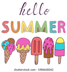 hello summer, colorful ice creams, vector postcard, illustration with black outline