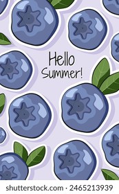 Hello summer. Colorful postcard, banner, poster template with blueberries fruit. Vector illustration