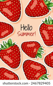 Hello summer. Colorful postcard, banner, poster template with strawberries fruit. Vector illustration