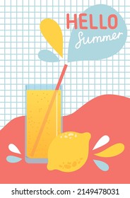 Hello summer colorful postcard, flat design vector illustration