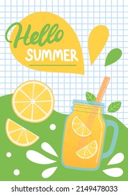 Hola postal de verano colorida, ilustración vectorial de diseño plano