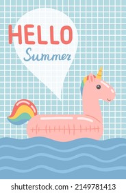 Hello summer colorful postcard, flat design vector illustration