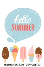 Hello summer colorful postcard, flat design vector illustration