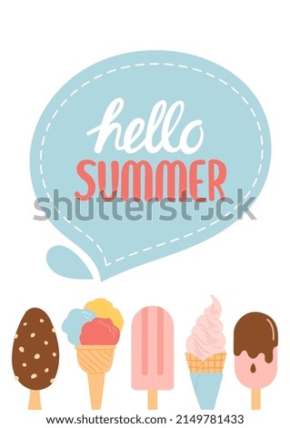 Hello summer colorful postcard, flat design vector illustration