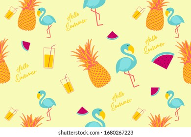 Hello summer, colorful seamless summer pattern with elements watermelon, pineapple. vector illustration