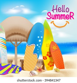 Hello Summer Colorful Theme in the Beach beside the Seashore with Decorative Surfboards and Bright Sky Blue Ocean including Seashells and Nipa Hut. Vector illustration
